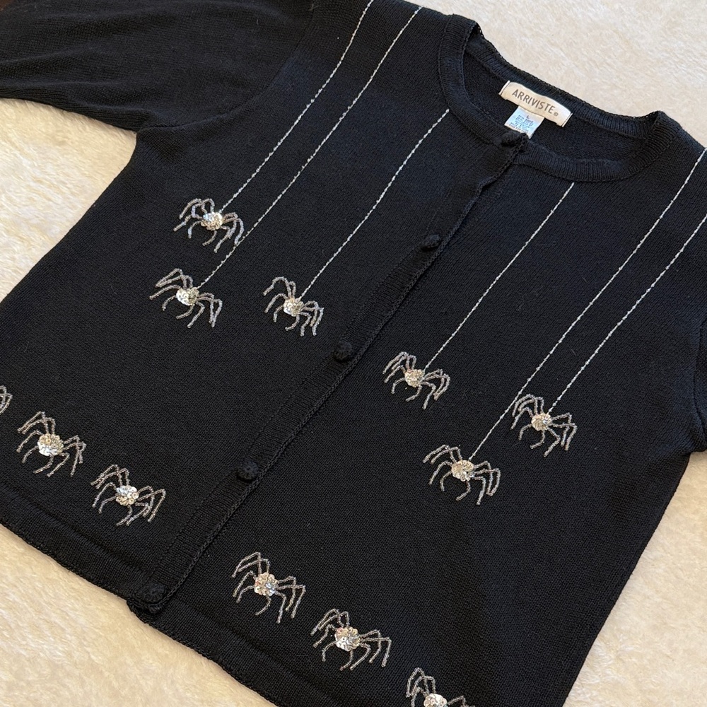Vintage Black Cardigan Sweater With Seed Bead & Sequin Webs And Spiders